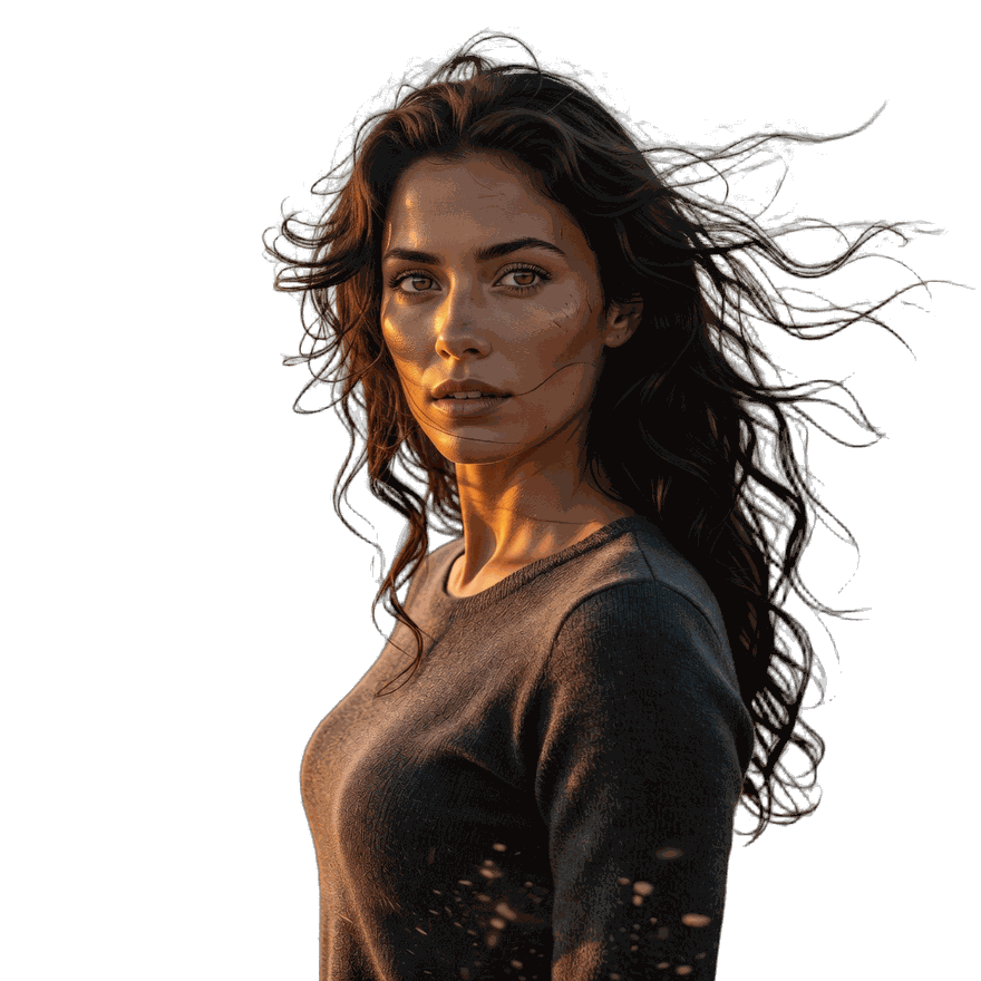 The same portrait with the background removed, down to individual strands of hair