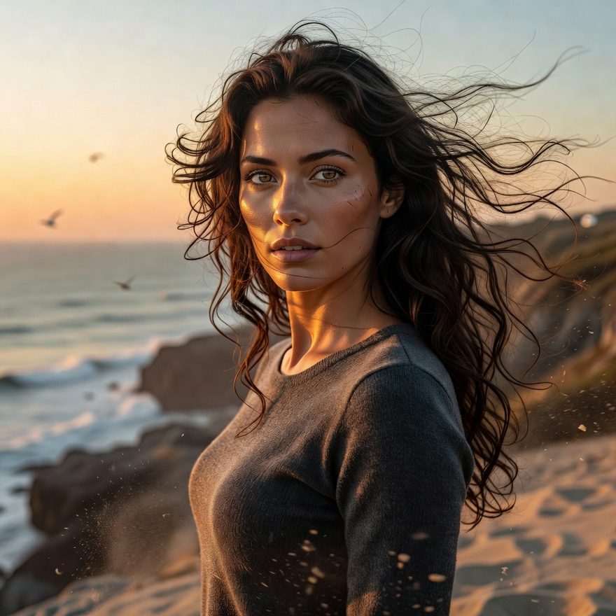 Portrait photographed on a beach at sunset, background intact