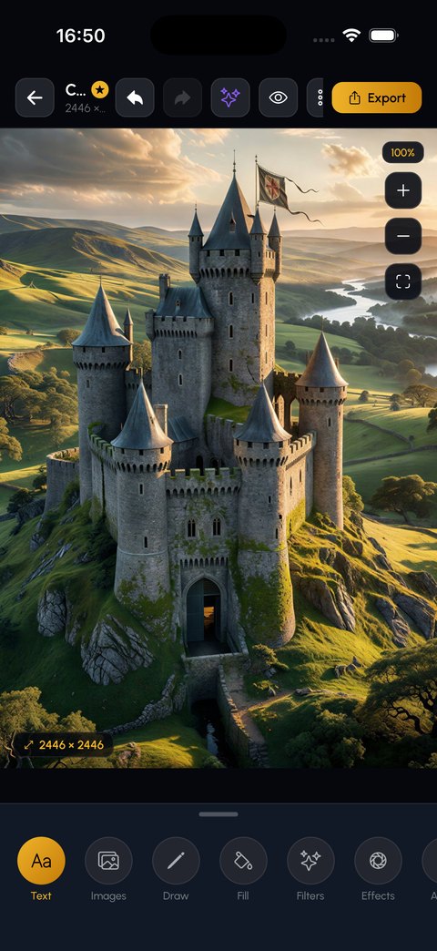 The canvas editor holding a generated castle image at 2446 by 2446 pixels