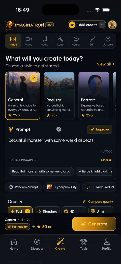 The Create screen with style cards, a prompt field and quality tiers