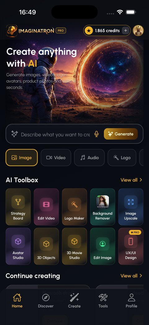 The Imaginatron home screen: a prompt bar over an astronaut artwork, with the AI Toolbox grid below