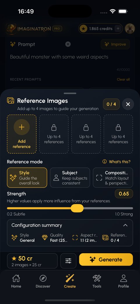 The Reference Images sheet with four slots, three reference modes and a strength slider