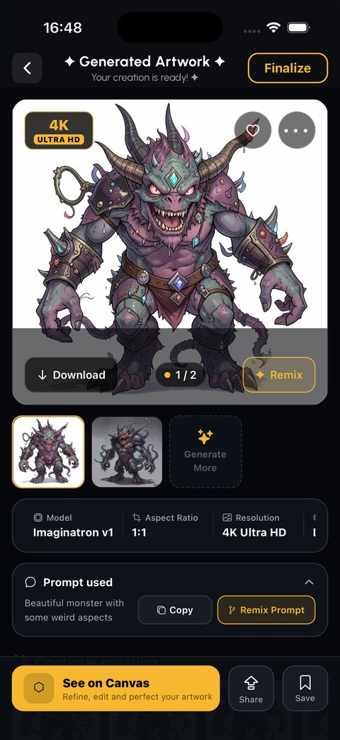 A generated monster illustration shown at 4K with variation thumbnails and the prompt used