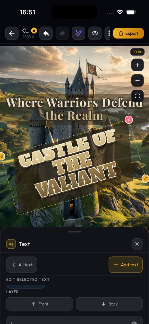 Two headline layers set over the castle artwork on the canvas, one rotated